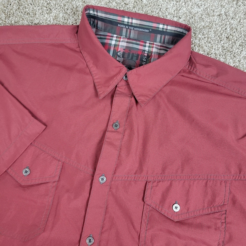 Kuhl Eluxur Mens XL Red Mini Check Button Up Short Sleeve Workshirt Outdoor